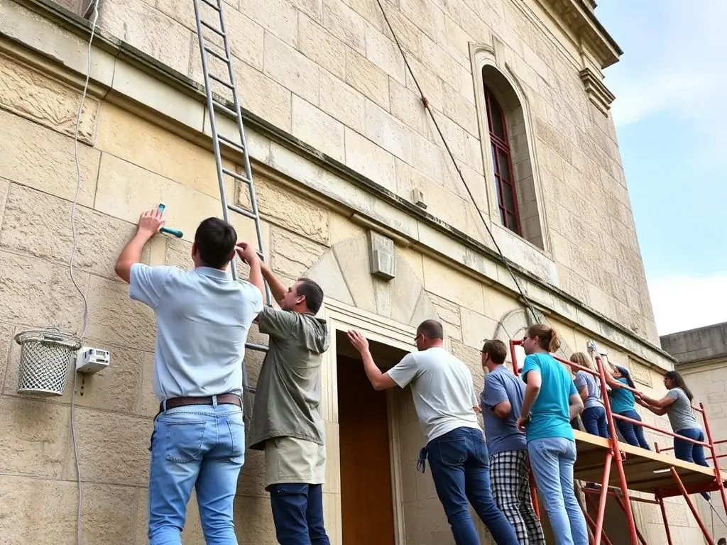 A beautifully restored historical building with ASSO MOM members working on the facade, showcasing the organization's commitment to cultural heritage preservation.