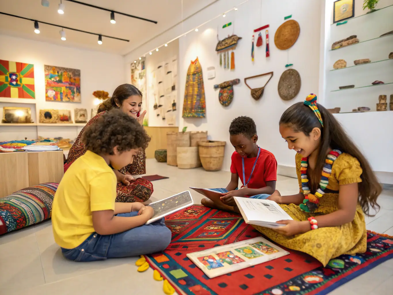 A group of children participating in an educational workshop about local heritage, learning through interactive activities and fostering a sense of responsibility.