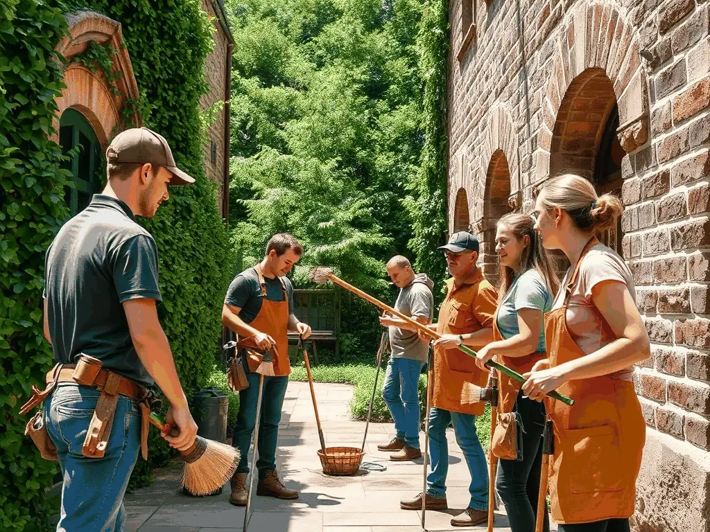 A group of volunteers working together to restore a historical building, focusing on preserving its original architectural details and cultural significance.