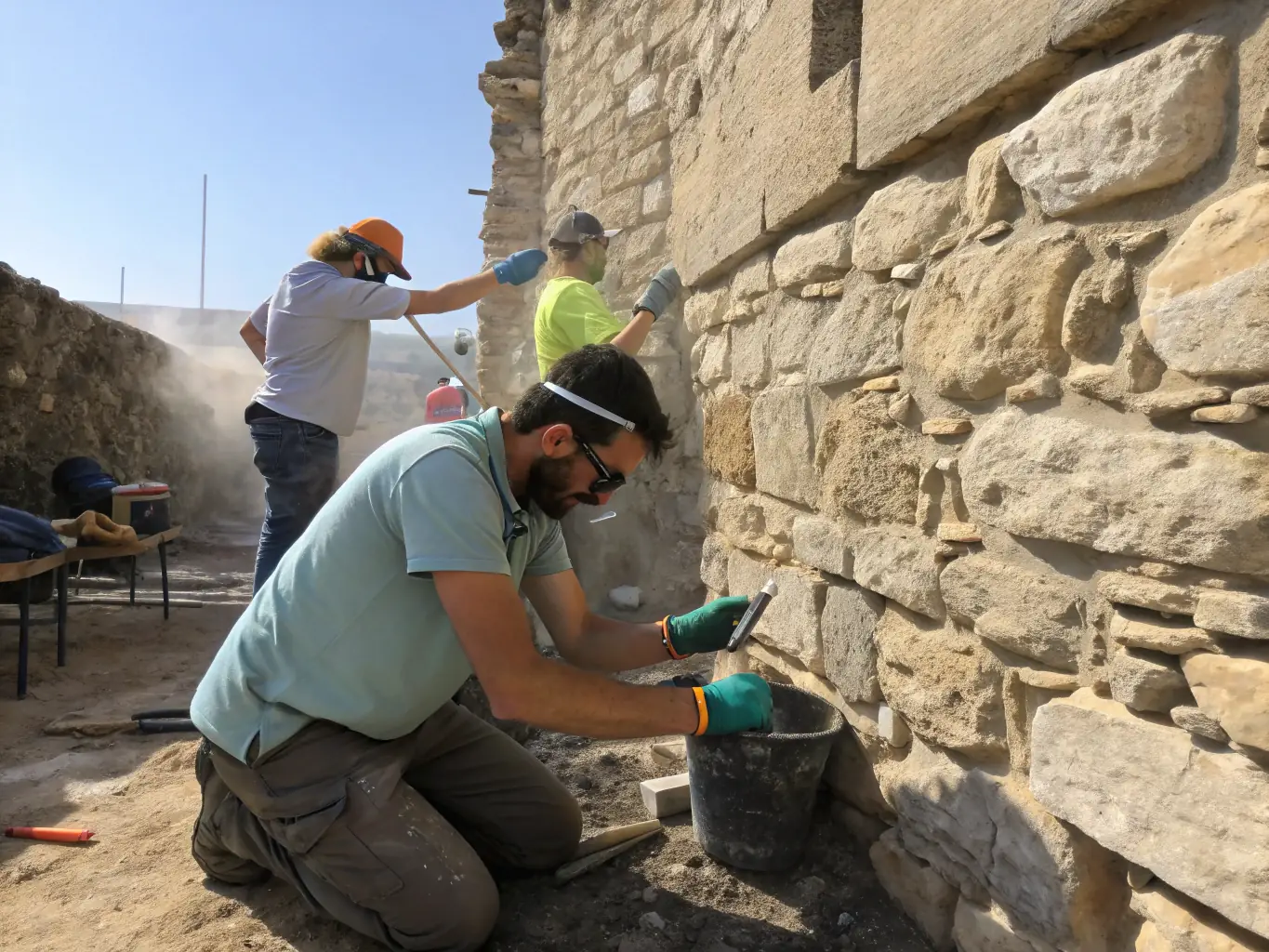 A team of conservationists meticulously restoring a historic stone building, showcasing the intricate details of the architecture and the care taken to preserve it.