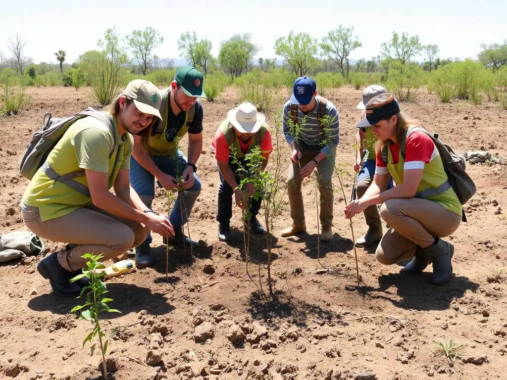 A vibrant image of a team planting trees in a deforested area, emphasizing the importance of reforestation and habitat restoration for biodiversity.