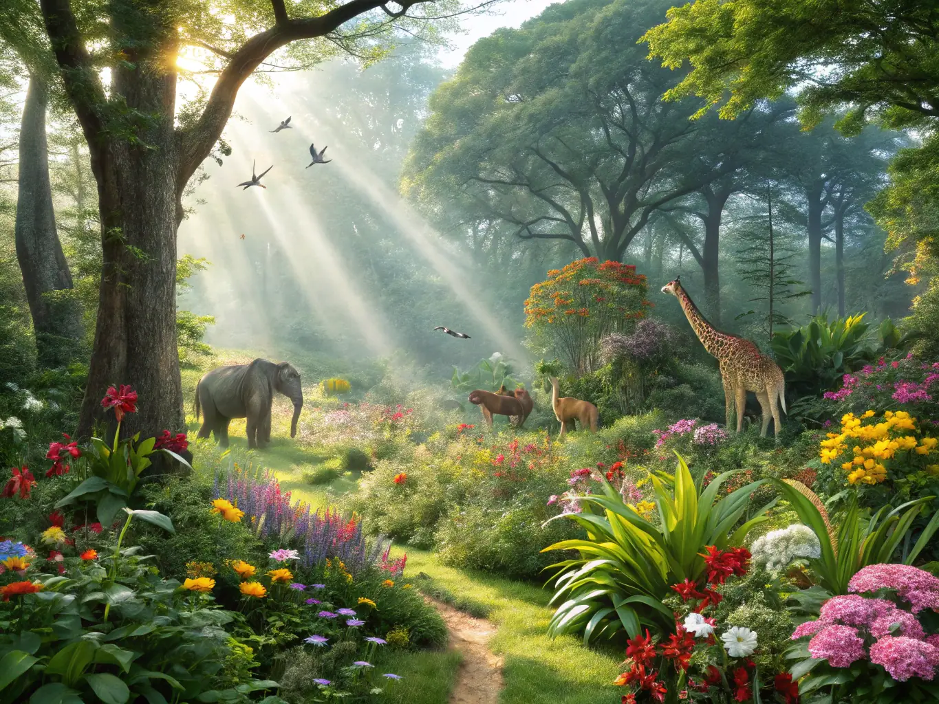 A lush green forest with diverse plant and animal life, representing ASSO MOM's efforts in environmental conservation and biodiversity protection.