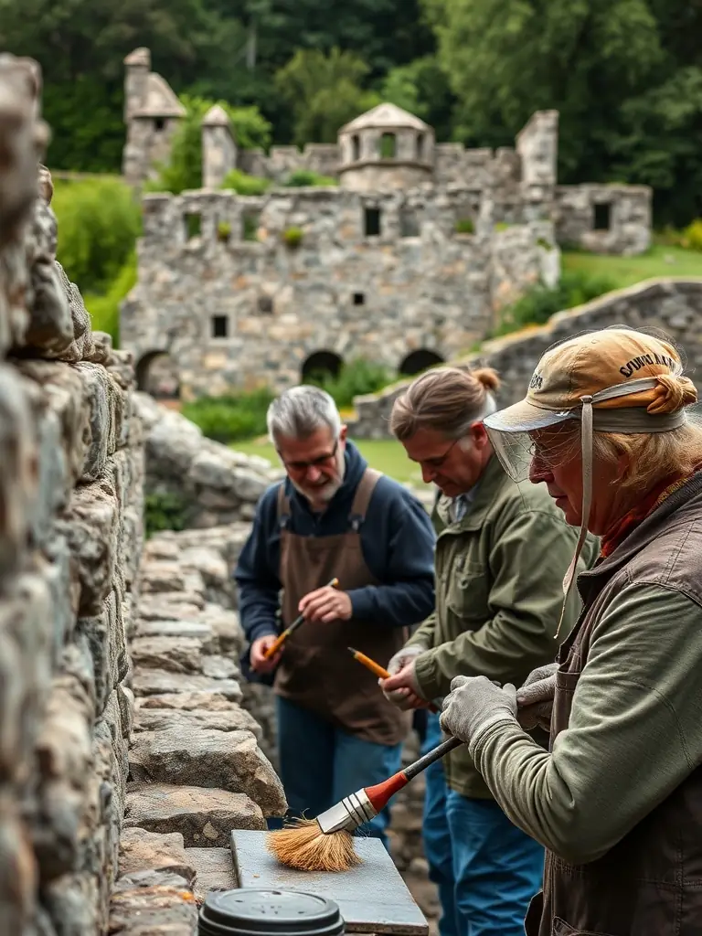 A photograph of volunteers cleaning up a historical site in Aytré, France, showcasing ASSO MOM's commitment to cultural heritage preservation.
