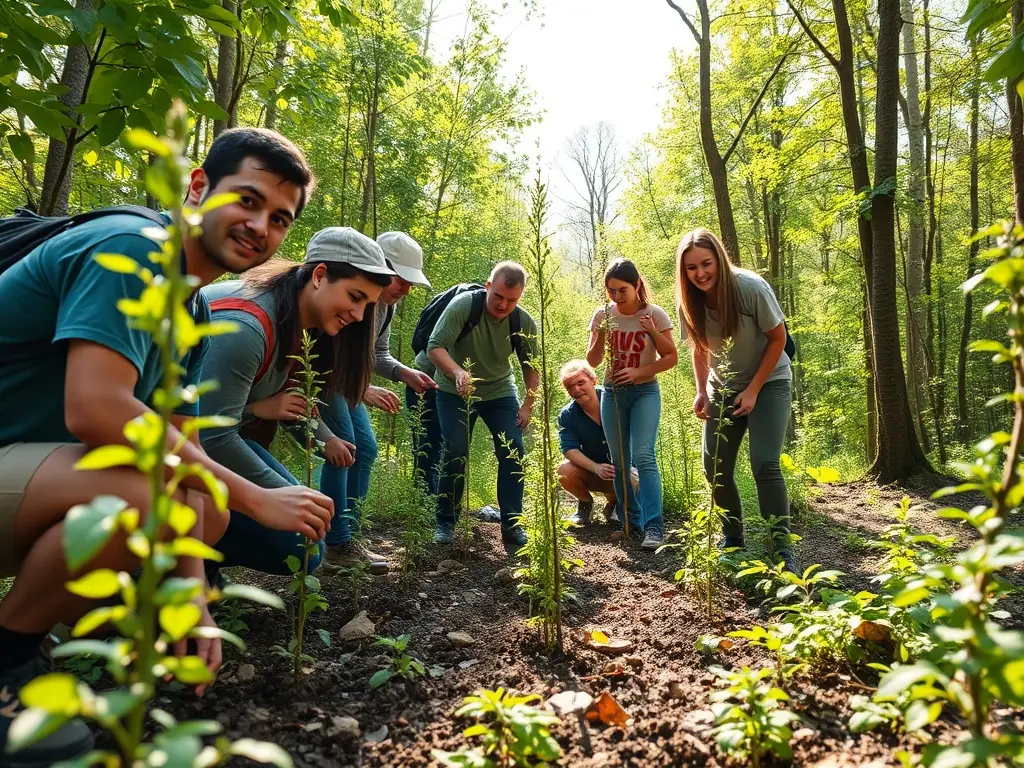 Volunteers planting trees in a deforested area, illustrating the organization's commitment to environmental restoration and biodiversity conservation.