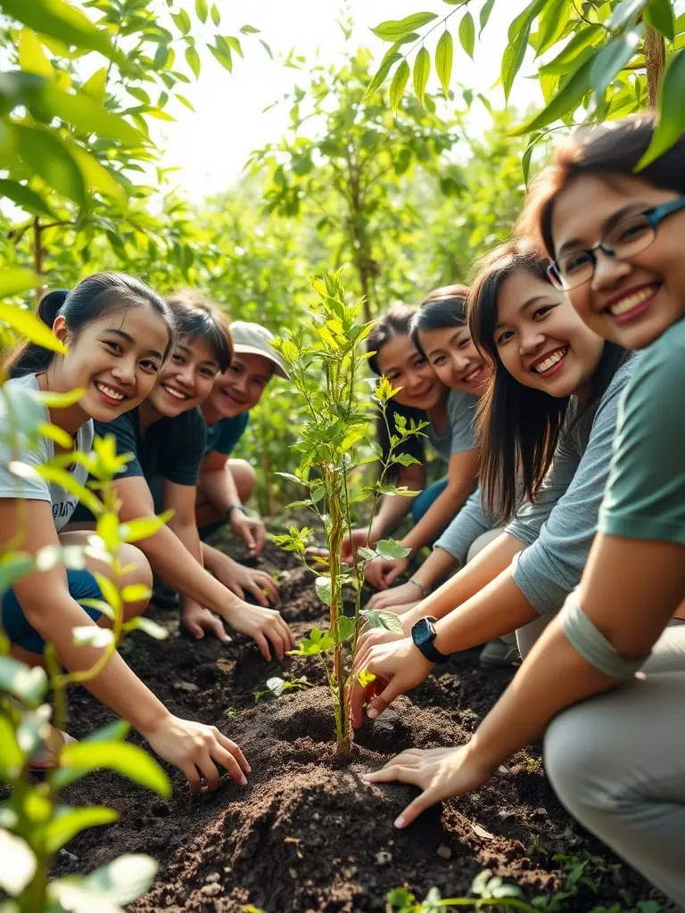 Volunteers planting native trees in a protected natural area, with diverse flora and fauna in the background, highlighting ASSO MOM's environmental efforts.