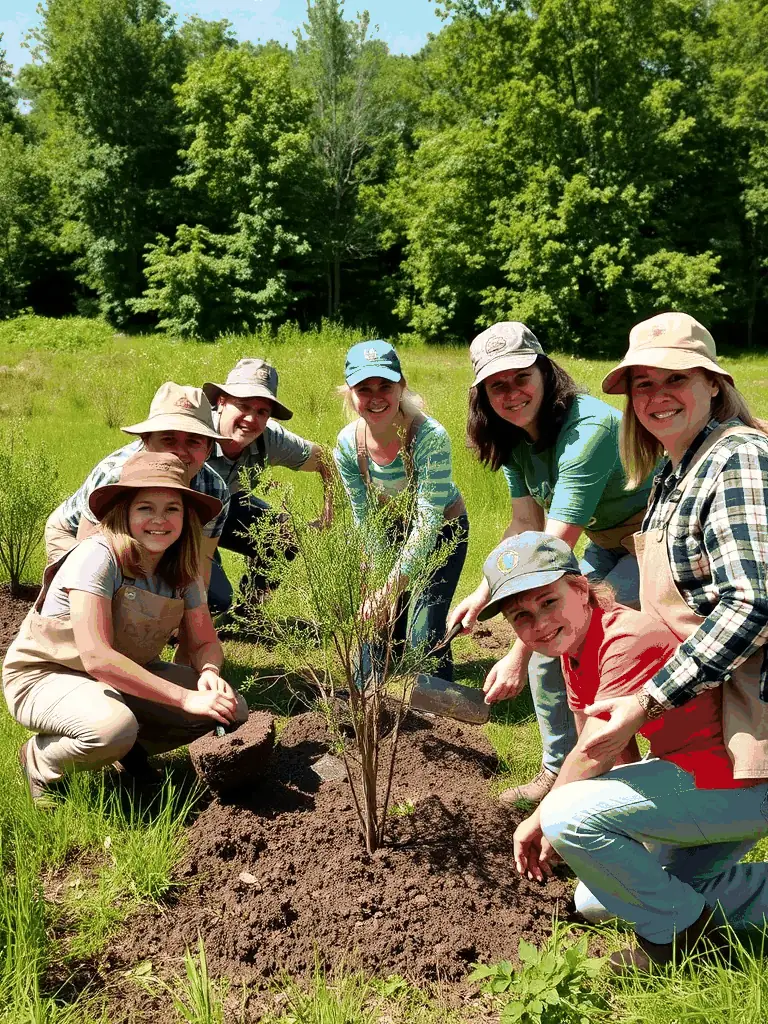 A diverse group of people participating in a clean-up event at a local park, symbolizing ASSO MOM's commitment to environmental stewardship and community involvement.