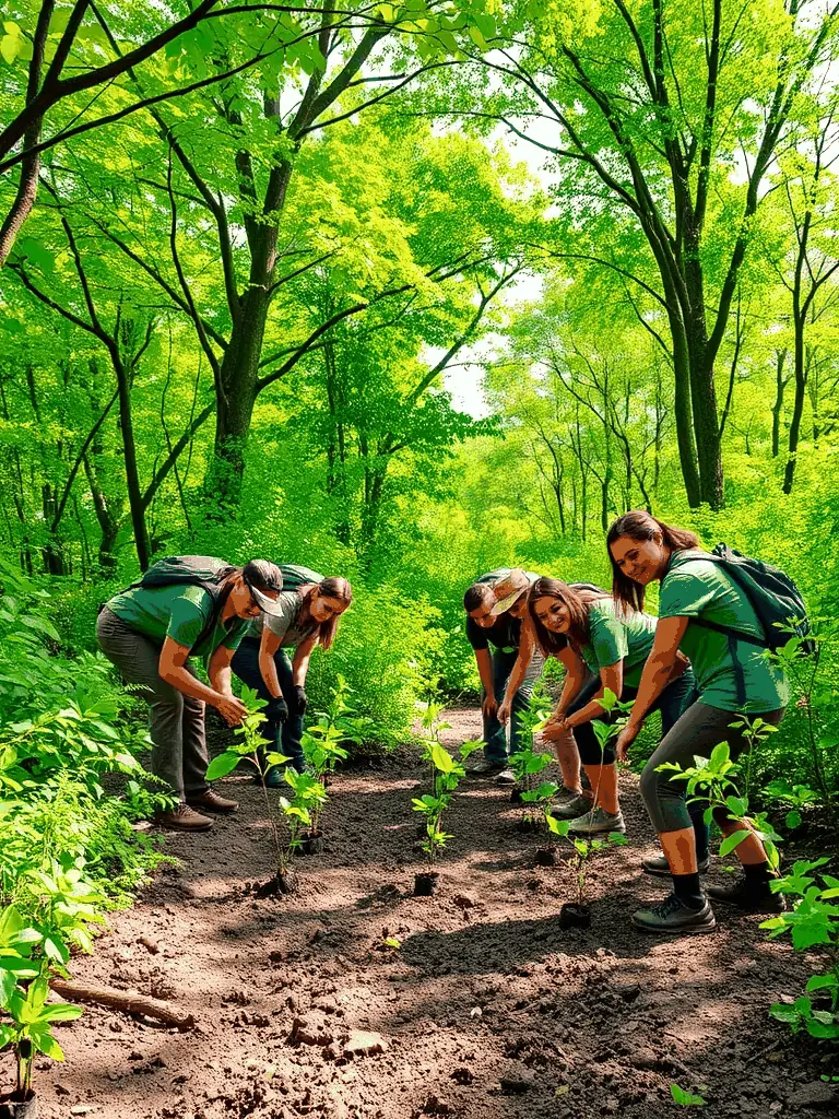 A photograph of volunteers planting trees in a deforested area, illustrating ASSO MOM's dedication to environmental conservation.
