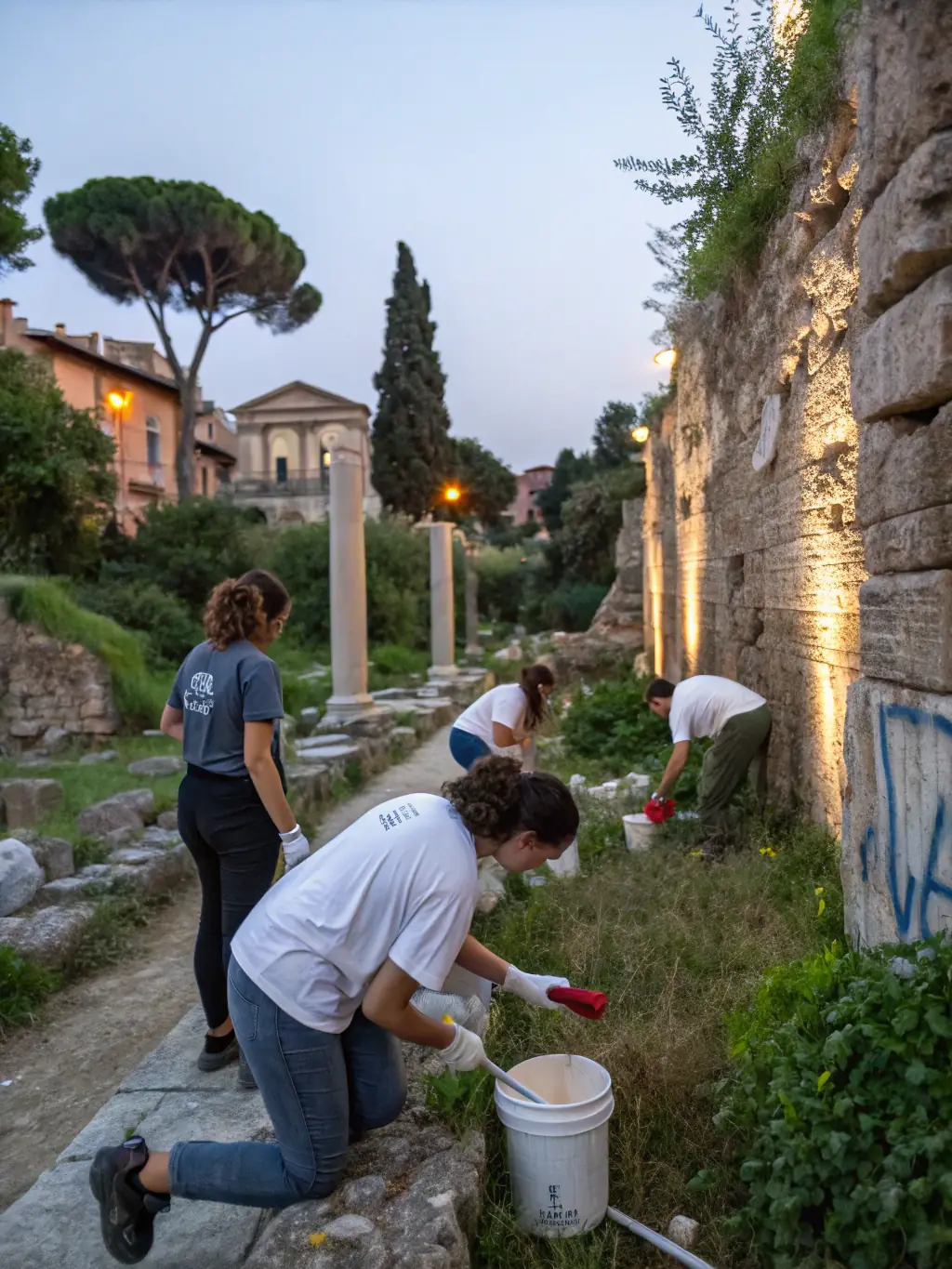 A team of conservationists working on restoring an ancient monument with scaffolding and preservation tools, showcasing ASSO MOM's dedication to cultural heritage.
